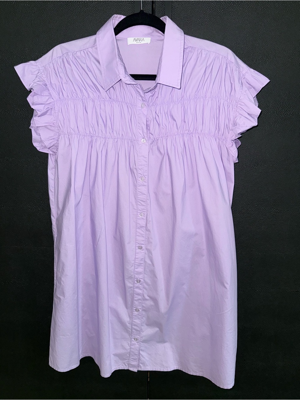 Avara lavender smocked ruffle sleeve button front dress size medium